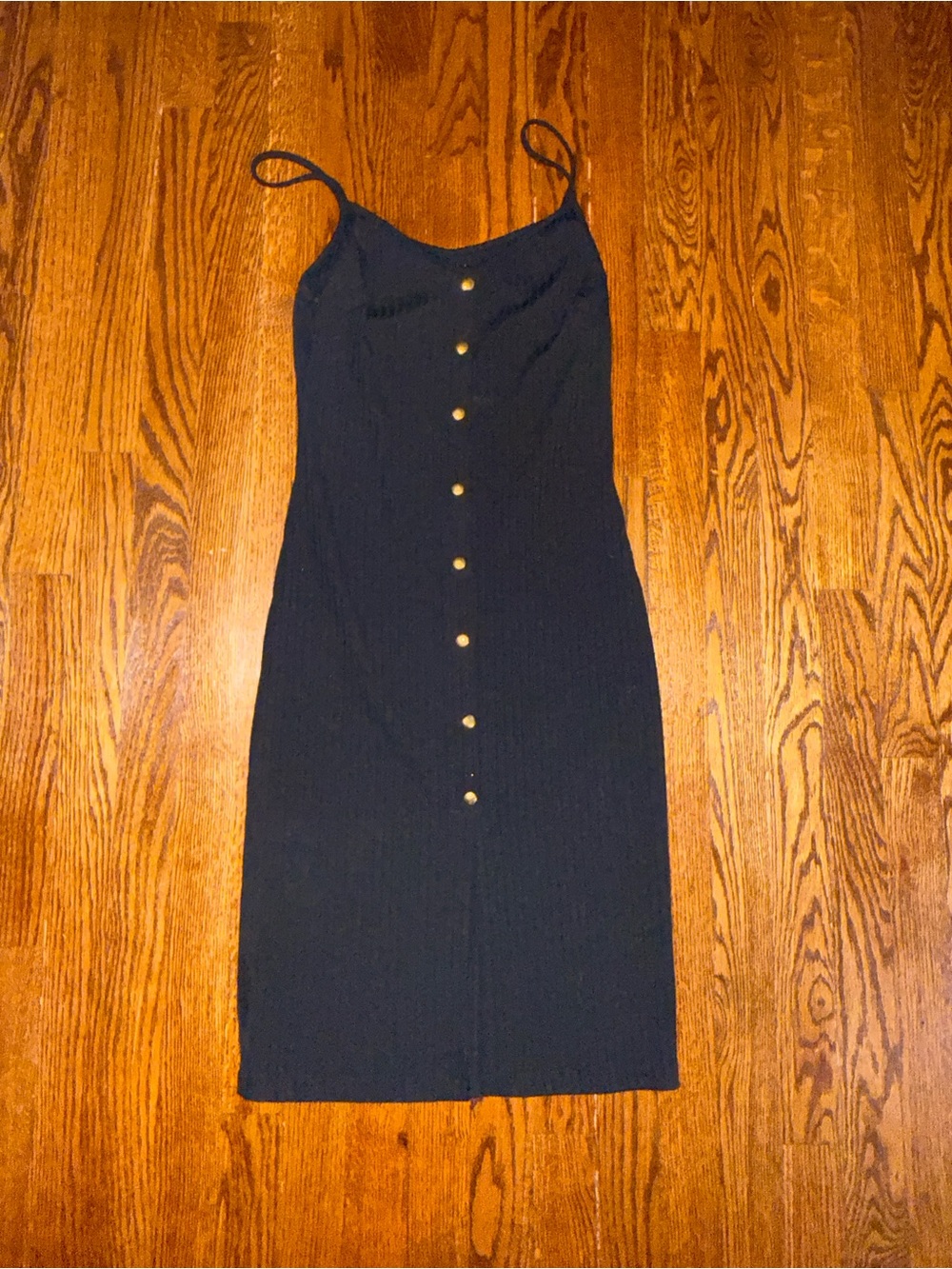 Say What? Black Spaghetti-Strap Midi Dress with Gold Buttons
